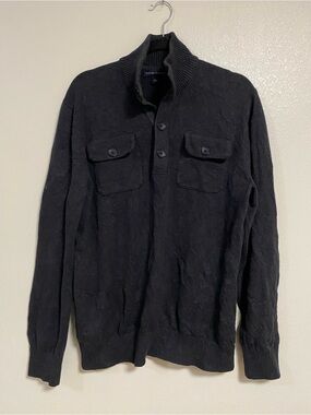Banana Republic Sweater Men Size Large Charcoal Quarter Button Mock Neck Sweater
